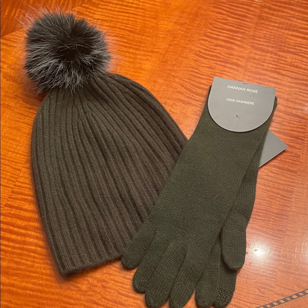 NWT Tahari hat + Hannah Rose gloves Dark Green Ribbed Hat similar color set